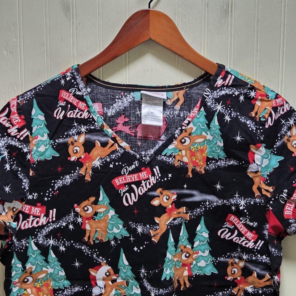 Rudolph‎ Red-Nosed Reindeer Blouse Womens Medium Black V Neck Short Sleeve Top